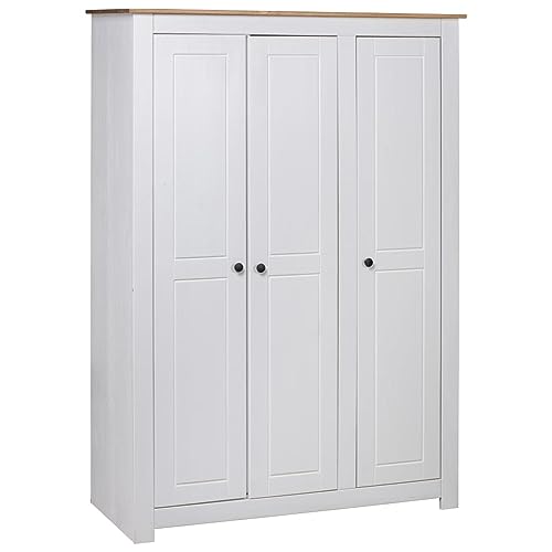 Susany Kleiderschrank Schlafzimmerschrank Mit 3 Türen,Dielenschrank 4 Ablagen 1 großen Fach & Kleiderstange,Designschra nk Garderobenschrank 118 × 50 171,5 cm,Kiefer-Massivholz, Weiß