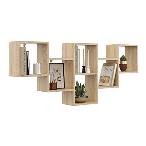 KUBUTKU Dekorativ Wandregal mit 6 Böden 160x66x18 Design Skandinavischer Modern für Wohnzimmer Küche Büro Schlafzimmer Badezimmer Hängeregal Bücherregal (Sonoma Eiche)