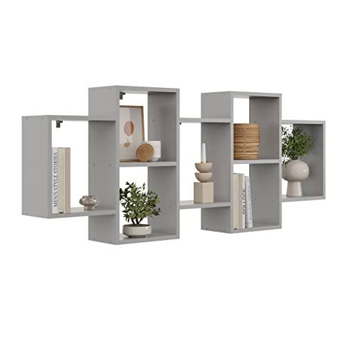 KUBUTKU Dekorativ Wandregal mit 7 Böden 160x65x18 Design Skandinavischer Modern für Wohnzimmer Küche Büro Schlafzimmer Badezimmer Hängeregal zur Präsentation Bücherregal (Grau)