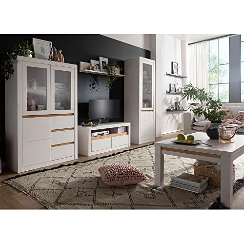 Wohnzimmer Komplett Set Massivholz TV Wand Mediawand Wohnwand Lowboard Wandboard Vitrine Highboard Couchtisch rechteckig 110 x 70 cm Kiefer massiv weiß Weiss