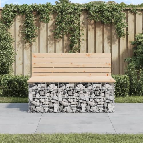 Keyroto Gabionen Bank Gabione Metall Sitzbank Gabionen Outdoor Massivholz Kiefer 103x70x65 cm