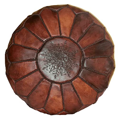 dar behja Handgemachte Marokkanischer Leder Pouf - Gefüllt geliefert - rund Pouf Ottomane, Sitzsack (Cognac-Honig)