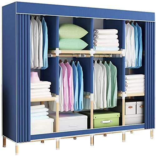 Tragbarer Kleiderschrank,Stoffgarde robe,marineblauer Kleiderschrank,offener Kleiderschrank aus Massivholz für Schlafzimmer,stabile Multifunktions-Schlafzimm erschränke,Höhe 168 cm,blau,168 x