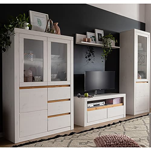 Massivholz Wohnzimmer Set Wohnwand TV Wand Mediamöbel Mediawand Highboard Wandboard Lowboard Vitrine Vitrinenschrank Kiefer massiv weiß Weiss