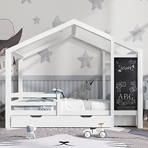 MQLAE Kinderbett Hausbett 90x200 cm, Holzbett mit Tafel und Zwei Schubladen für Jungen & Mädchen, Kinderbett mit Zaun und Lattenrost, Kinder Haus Bett aus Kiefer Holz Jugendbett Massivholz Weiß