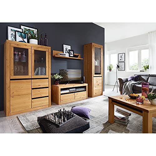 Wohnzimmer Komplett Set Massivholz TV Wand Mediawand Wohnwand Lowboard Wandboard Vitrine Highboard Couchtisch rechteckig 110 x 70 cm Kiefer massiv eichefarbig