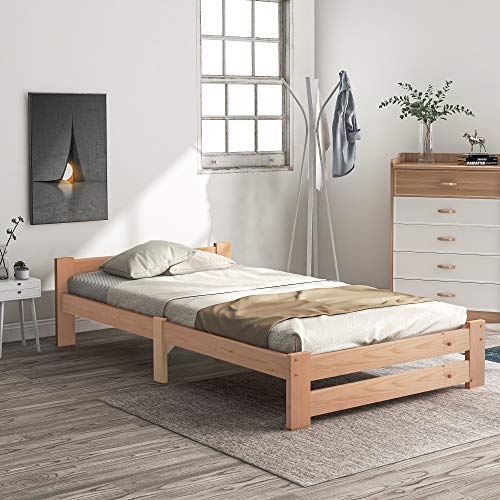 Holzbett Massivholzbett Natur mit Kopfteil und Lattenrost, Einzelbett aus Kiefer, Stabiles Holzlattenunterstützung in 90 x 200 cm, Natur Farbe, Geeignet als Gästebett