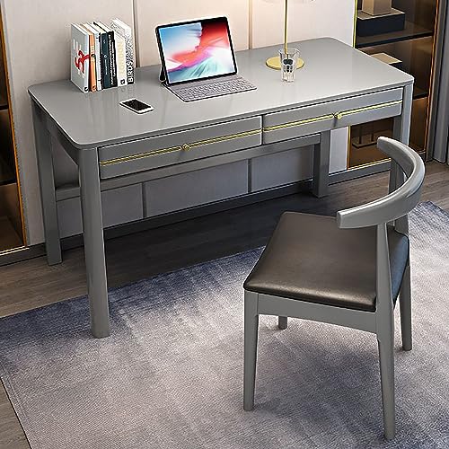 Moderner Schreibtisch aus Massivholz mit 2 Schubladen, stabiler Computer-Arbeitsplatz für Zuhause, Büro, große Oberfläche, Arbeitszimmertisch für die Arbeit von zu Hause, Grau (80 x 60 x 75 cm)