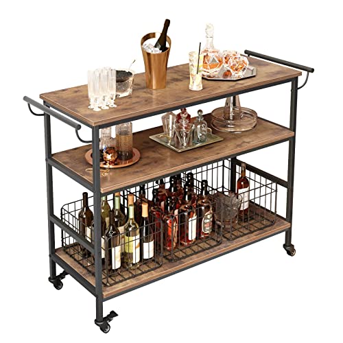 SogesHome Home Servierwagen Küchenwagen Getränkewagen Bar Rolling Weinwagen mit 3-Tier Lagerung Regale Küche Bar Wagen mit Rädern und Griff Universal Rollen mit Bremsen, Rustikales Braun