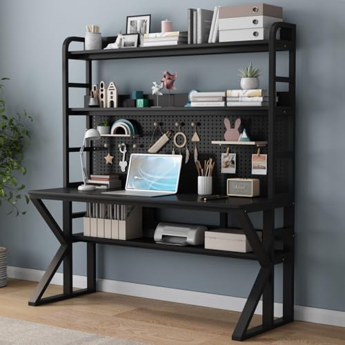 Moderner Home-Office-Schreibtisch mit Ablagen und Stecktafel, Massivholz, Schreibtisch für großen Arbeitsbereich, 78,7 x 175,3 x 60,9 cm, Schwarz