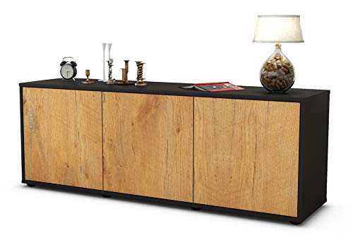 Stil.Zeit Möbel TV Schrank Lowboard Allegra - Korpus in anthrazit matt - Front im Holz Design Eiche (135x49x35cm) - mit Push to Open Technik - Made in Germany