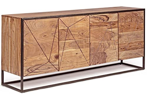 SAM Kommode Kaddy by Wolf Möbel, Akazienholz massiv & stonefarben, Sideboard mit 4 Holztüren & 2 Einlegeböden, schwarzer Metallrahmen & -füße, 175 x 76 x 40 cm