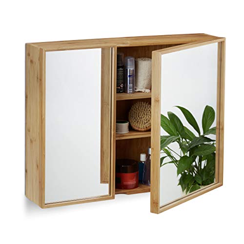 Relaxdays Bad Spiegelschrank 2-türig, Wandschrank aus Bambus, vormontierter Badschrank HxBxT: 50 x 65 x 14 cm, natur