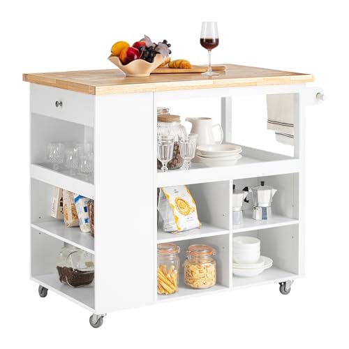 SoBuy FKW97-WN Design Küchenwagen Kücheninsel mit Klappe Küchenschrank mit Regalfächern Rollwagen Sideboard auf Rollen Küchentrolley Weiß-Natur BHT ca.: 108x90x60cm