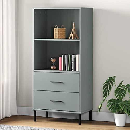 Bücherregal OSLO mit 2 Schubladen Grau,Büro Kabinett,Sofaschrank,Mode rner Stil,Sideboard Wohnzimmer,Aktenschrank,D isplay-Schrank,Dielenschr änke,für Wohnzimmer,Büro,Küche,6 0x35x128,5cm Massivholz