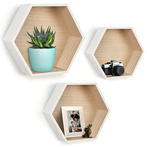 BELLE VOUS 3 STK Schweberegal Weiss Hexagon Wandregal Holz – Wandregal Hexagon Waben Regal Dekorative Kleine Regale für die Wand mit Schrauben & Dübel für Wohnzimmer, Bad, Schlafzimmer, Küche, Büro