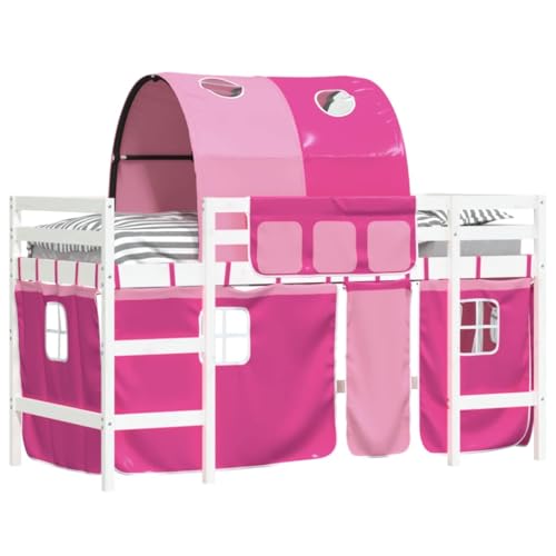 vidaXL Kinderhochbett, Hochbett mit Tunnel Vorhängen, Spielbett Bett für Kinder ab 6 Jahren, Kinderbett Etagenbett Stockbett, Rosa 90x200cm Massivholz Kiefer