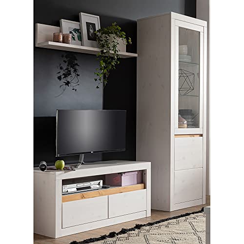 TV Möbel Wohnzimmer Set Massivholz Mediawand Wohnwand TV Wand Lowboard Wandboard Vitrinenschrank Kiefer massiv weiß Weiss