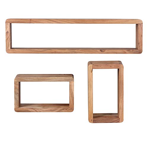 Wohnling Design Wandregal 3er Set BOHA Massiv Holzregale Akazie Landhausstil | Rustikales Wandregal-Set Holz | Hängeregal Viereckig Echtholz | Wand-Regale | Hängend Würfel | Regal Wandkästen Eckig