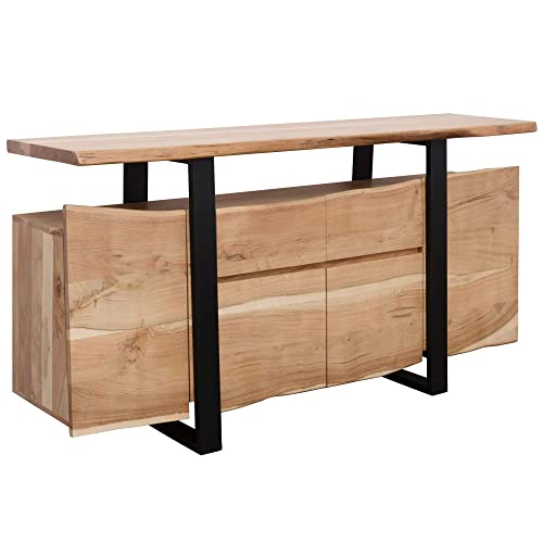 FineBuy Sideboard Akazie Kommode Massiv Holz 175x90x44cm | Highboard mit Türen & Schubladen Modern | Massive Design Anrichte | Kleiner Massivholz Schrank Landhaus | Holzkommode Baumkante